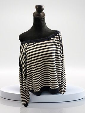 Hollister Black and Cream Striped Off-the-Shoulder Sweater